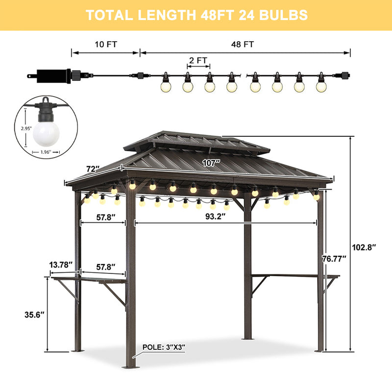 PURPLE LEAF Hardtop Grill Gazebo for Patio Bronze Permanent Metal Roof Outside Sun Shade Outdoor BBQ Canopy with String Lights