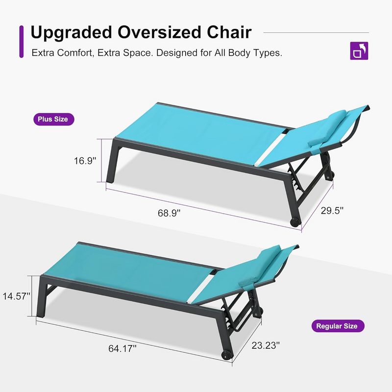 PURPLE LEAF Outdoor Lounge Chair Set of 3 Patio Chaise Pool Lounger Aluminum Frame with Side Table and Wheels for Outside Sunbathing Tanning Recliner Including Pillows