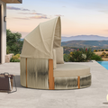 PURPLE LEAF Outdoor Round Daybed with Adjustable Canopy for Patio, Brown | Olefin fabric cover, thickened seat and back cushion, adjustable canopy, all weather aluminum frame, elegant wicker design