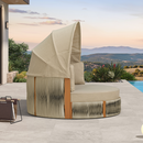 PURPLE LEAF Outdoor Round Daybed with Adjustable Canopy for Patio, Brown | Olefin fabric cover, thickened seat and back cushion, adjustable canopy, all weather aluminum frame, elegant wicker design
