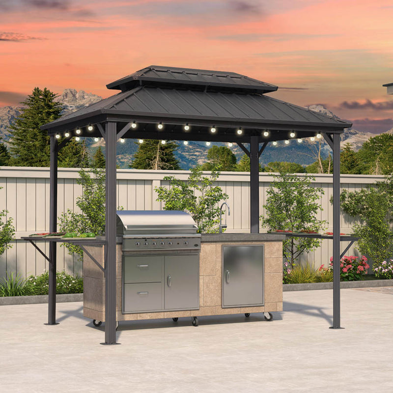 PURPLE LEAF Hardtop Grill Gazebo for Patio Grey Permanent Metal Roof Outside Sun Shade Outdoor BBQ Canopy with String Lights