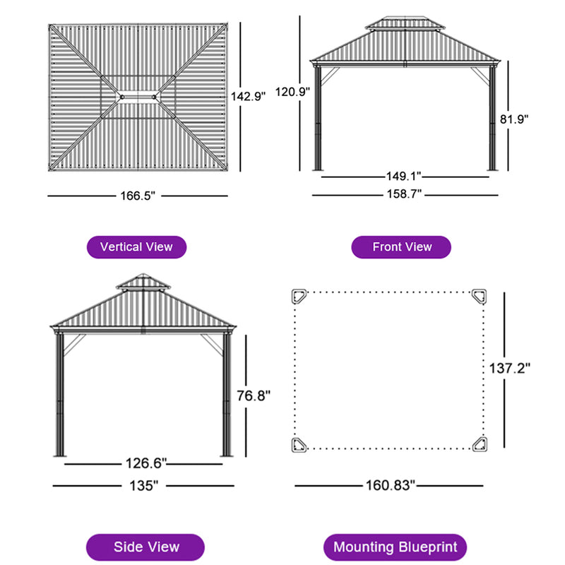 PURPLE LEAF Hardtop Gazebo for Patio Wood Grain Galvanized Steel Frame Awning with Netting