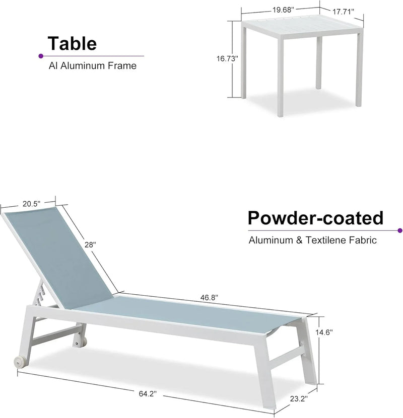 PURPLE LEAF Outdoor Chaise Lounge Chairs Set of 2 White Aluminum Lounge Chair Five-Position Adjustable Chaise with Wheels and Table for Pool Deck Patio