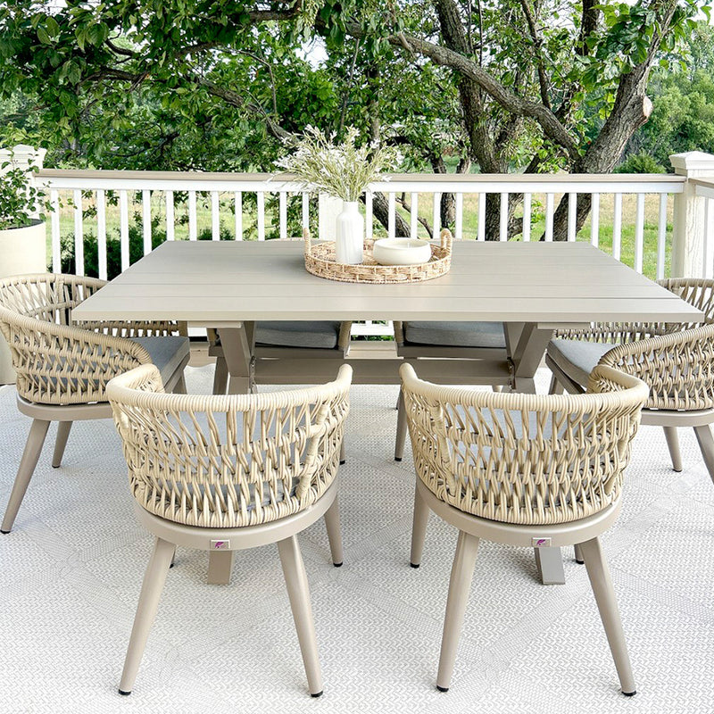 PURPLE LEAF Modern Outdoor Dining Table with 6/8/10 Seats, All-Weather Aluminum Table and Rattan Chairs with Cushions, Champagne