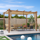 PURPLE LEAF Outdoor Retractable Pergola with Sun Shade Canopy In Natural Wood Grain Frame With Curtains