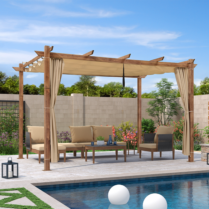 PURPLE LEAF Outdoor Retractable Pergola with Sun Shade Canopy In Natural Wood Grain Frame With Curtains