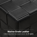 Black marine-grade leather patio furniture with woven detail