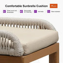 PURPLE LEAF patio chair detail: beige Sunbrella cushion, rope weave back, water-proof, anti-fade, stain-resistant.