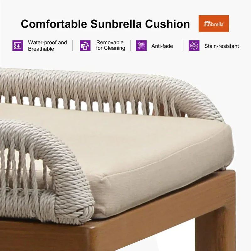 PURPLE LEAF patio chair detail: beige Sunbrella cushion, rope weave back, water-proof, anti-fade, stain-resistant.