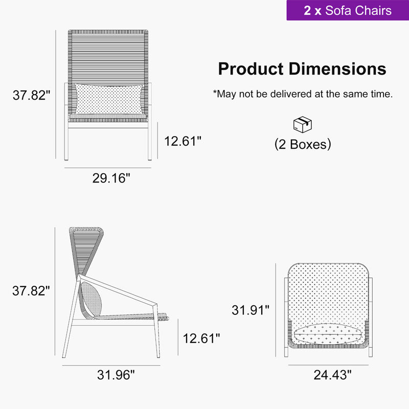 PURPLE LEAF Melben Patio Conversation Set Light Grey Outdoor Aluminum Modern Wicker Sofa Chairs Sets for Balcony Yard Porch