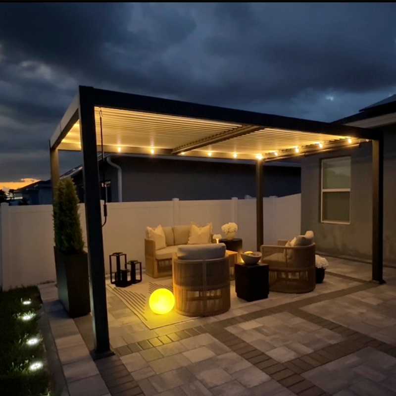 PURPLE LEAF Caesar Louvered Pergola with String Lights Patio Aluminum Pergola with Independent Adjustable Rainproof Roof With Yellow Lights