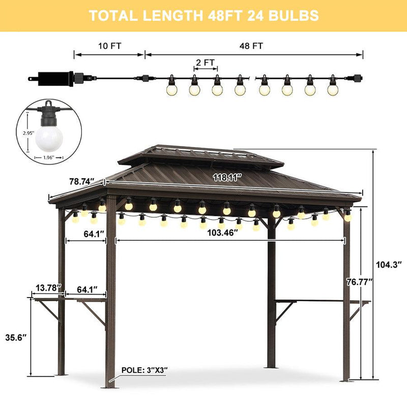 PURPLE LEAF Hardtop Grill Gazebo for Patio Bronze Permanent Metal Roof Outside Sun Shade Outdoor BBQ Canopy with String Lights