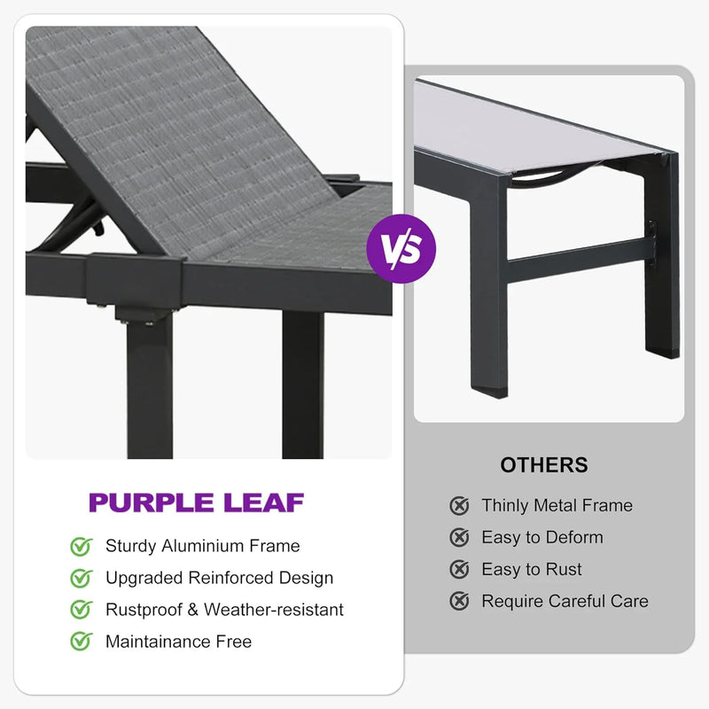 PURPLE LEAF Outdoor Chaise Lounge Chairs Set Recliner Aluminum Adjustable Chair with Wheels and Table for Poolside Beach Patio Reclining Sunbathing Lounger