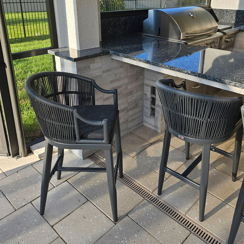 PURPLE LEAF Patio Bar Stools Set of 2 Outdoor Wicker Modern High Bar Chairs Metal Cushioned Barstools with Backs and Ergonomic Armrest for Balcony Garden Indoor Kitchen Island