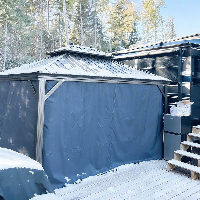 PURPLE LEAF Outdoor Hardtop Gazebo for Patio Bronze Aluminum Frame Pavilion with Navy-Blue Curtain and String Lights-milky