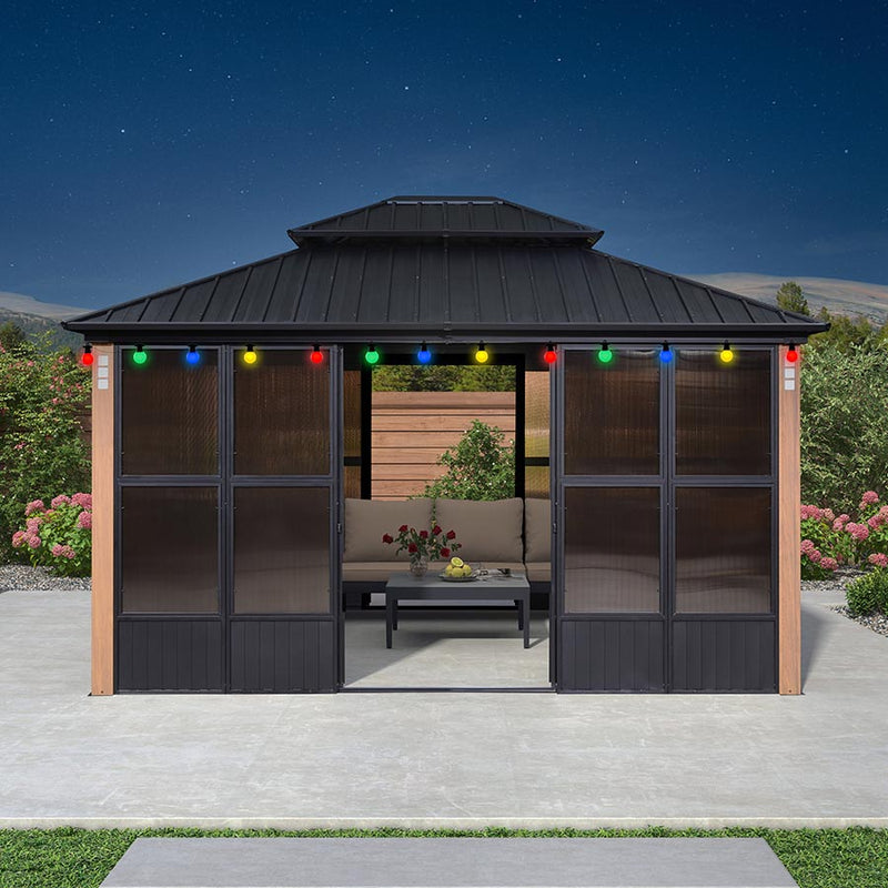 PURPLE LEAF Sunroom Hardtop Gazebo Solarium Wood Grain  Galvanized Steel Double Roof All-Weather Aluminum Outdoor Screen House with String Lights