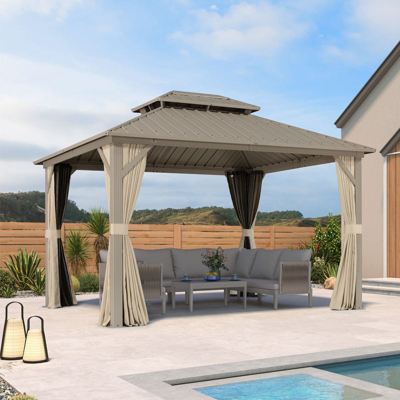 PURPLE LEAF Outdoor Hardtop Gazebo Champagne Metal Frame Galvanized Steel Double Roof with Curtains and Netting for Poolside