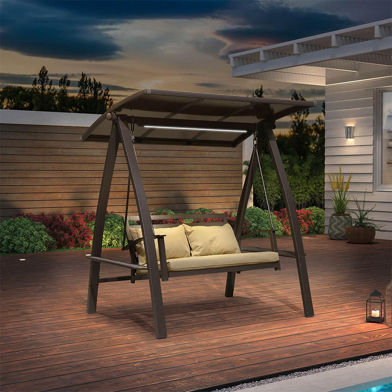 PURPLE LEAF Outdoor Porch Swing with Adjustable PVC Canopy and Side Cup Holder for Outside Garden Porch, Cushion and Pillows Included