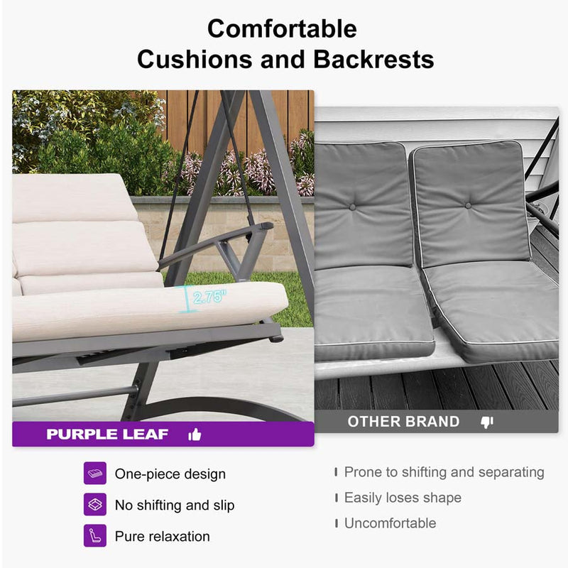 PURPLE LEAF Outdoor Deluxe Modern Swing Chairs with PVC Canopy, Swing for Patio Gadern Porch, Solar LED Light and Cushions Included