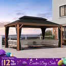 PURPLE LEAF Hardtop Gazebo for Patio Wood Grain Galvanized Steel Frame Awning with Netting