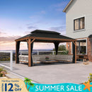 PURPLE LEAF Hardtop Gazebo for Patio Wood Grain Aluminum Frame Awning with Netting