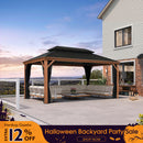 PURPLE LEAF Hardtop Gazebo for Patio Wood Grain Aluminum Frame Awning with Netting
