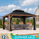 PURPLE LEAF Hardtop Gazebo for Patio Wood Grain Galvanized Steel Frame Awning with Netting