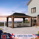 PURPLE LEAF Hardtop Gazebo for Patio Wood Grain Aluminum Frame Awning with Netting
