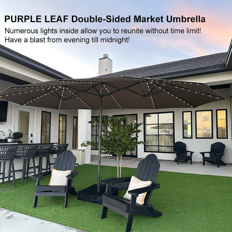 PURPLE LEAF 15'X9' double-sided large patio market taupe umbrella with light and free base.Numerous lights inside allow you to reunite without time limit!
Have a blast from evening till midnight!