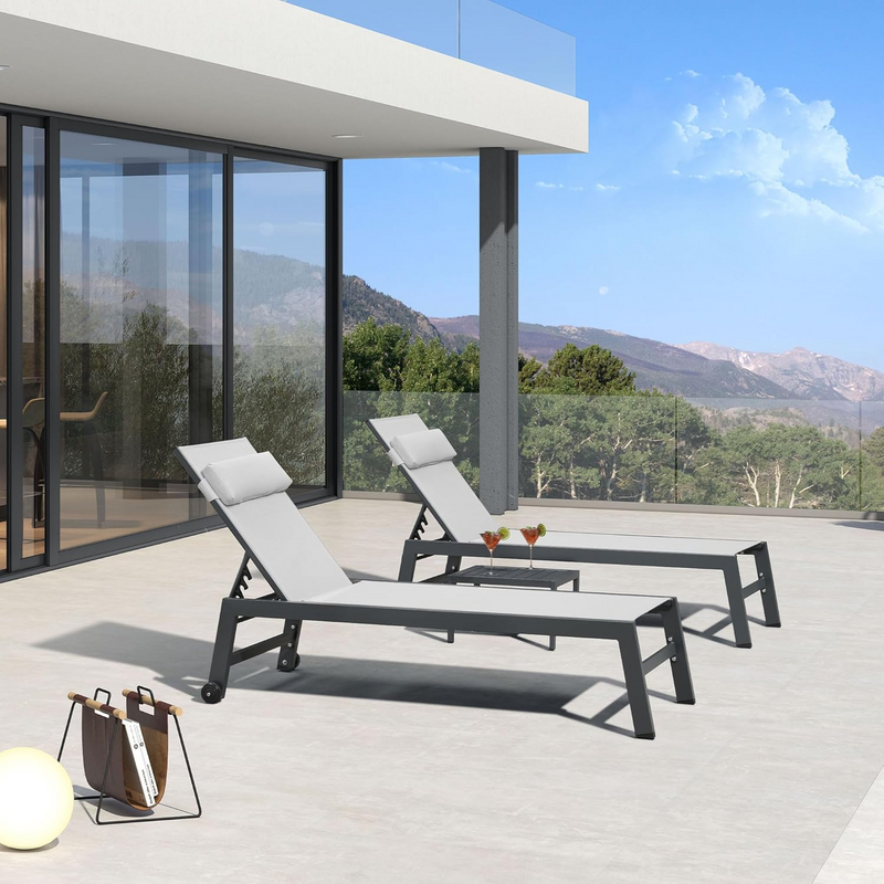 PURPLE LEAF Outdoor Lounge Chair Set of 3 Patio Chaise Pool Lounger Aluminum Frame with Side Table and Wheels for Outside Sunbathing Tanning Recliner Including Pillows