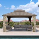 PURPLE LEAF Outdoor Hardtop Gazebo Champagne Metal Frame Galvanized Steel Double Roof with Curtains and Netting for Poolside