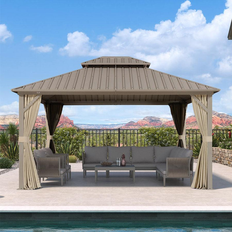 PURPLE LEAF Outdoor Hardtop Gazebo Champagne Metal Frame Galvanized Steel Double Roof with Curtains and Netting for Poolside