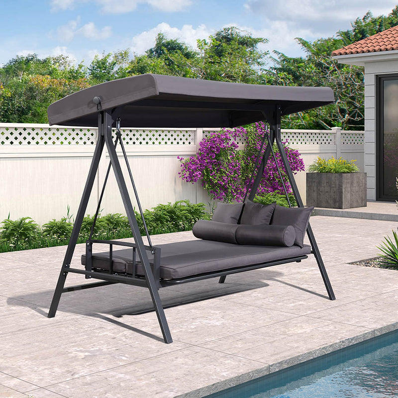 PURPLE LEAF Outdoor Patio Porch Swing Adjustable Backrest, 3-seat Swing Chair with Weather Resistant Steel Frame for Backyard ,Pillows Included