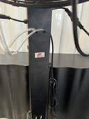 PURPLE LEAF outdoor misting fan detail: black casing with logo, tubing, and power cords.