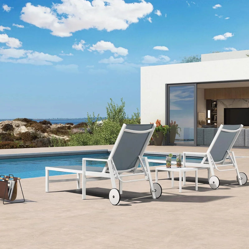 PURPLE LEAF Outdoor Chaise Lounge Chairs Set of 2 White Aluminum Lounge Chair Five-Position Adjustable Chaise with Wheels and Table for Pool Deck Patio