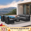 PURPLE LEAF Caesar Open-End Patio Conversation Set with Grey Cushion Pillows and Ottoman for Modern Outdoor Deck