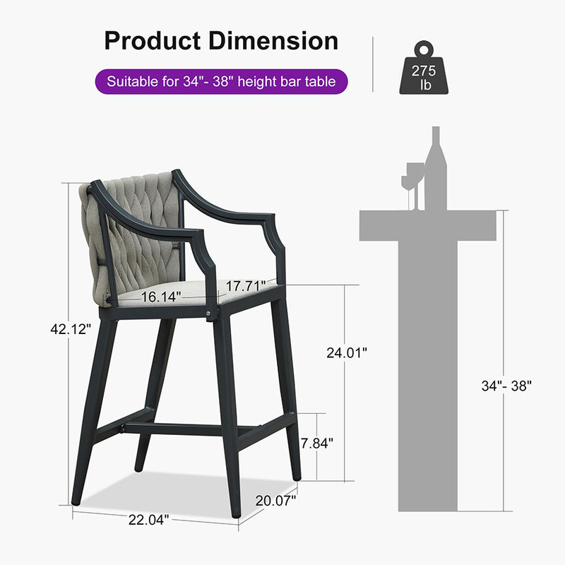PURPLE LEAF Outdoor Bar Stool Set of 2 Aluminum Frame Bar Chair with Cushion and Back Kitchen Island Bar Stools