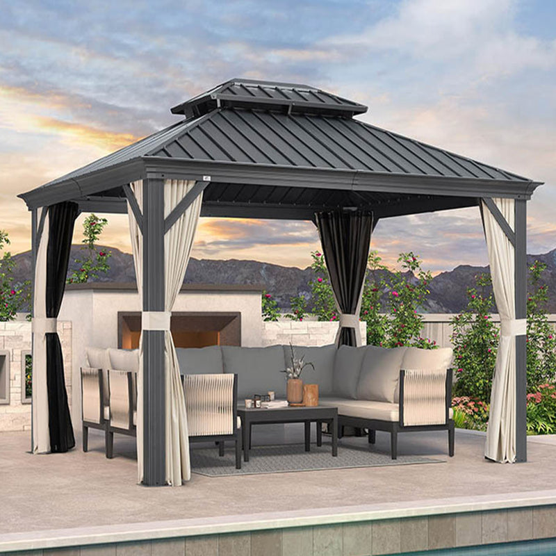 PURPLE LEAF Outdoor Hardtop Gazebo for Patio Grey Aluminum Frame Pavilion with Khaki curtains