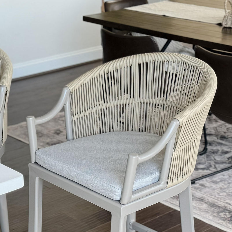 PURPLE LEAF Patio Bar Stools Set of 2 Outdoor Wicker Modern High Bar Chairs Metal Cushioned Barstools with Backs and Ergonomic Armrest for Balcony Garden Indoor Kitchen Island