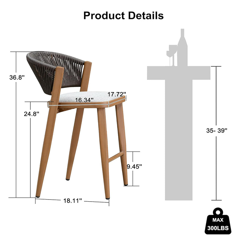 PURPLE LEAF Counter Height Bar Stool Set of 2 Outdoor Stool Chair with Footrest Patio Bar Height Stools Rattan Barstools for Outdoor or Indoor