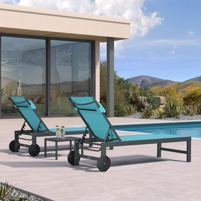 PURPLE LEAF Outdoor Lounge Chair Set of 3 Patio Chaise Pool Lounger Aluminum Frame with Side Table and Wheels for Outside Sunbathing Tanning Recliner Including Pillows