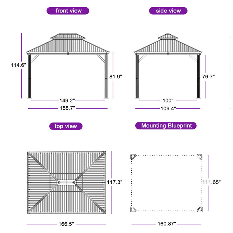 PURPLE LEAF Patio Gazebo for Backyard Grey Hardtop Galvanized Steel Roof Awning（not include curtains）