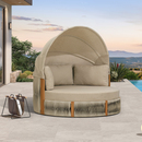 PURPLE LEAF Outdoor Round Daybed with Adjustable Canopy for Patio, Brown | Olefin fabric cover, thickened seat and back cushion, adjustable canopy, all weather aluminum frame, elegant wicker design