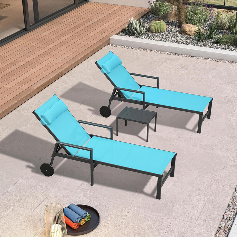 PURPLE LEAF Outdoor Lounge Chair Set of 3 Patio Chaise Pool Lounger Aluminum Frame with Side Table and Wheels for Outside Sunbathing Tanning Recliner Including Pillows