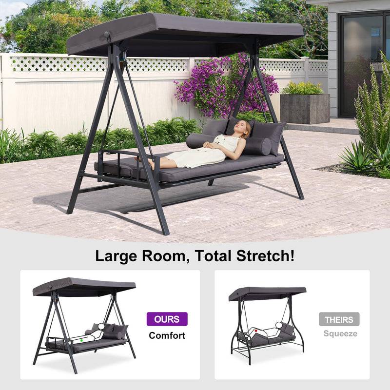 PURPLE LEAF Outdoor Patio Porch Swing Adjustable Backrest, 3-seat Swing Chair with Weather Resistant Steel Frame for Backyard ,Pillows Included
