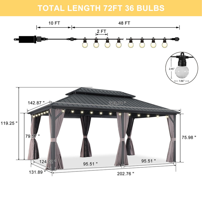 PURPLE LEAF Grey Hardtop Gazebo with Heavy Duty Galvanized Steel Double Roof with String Lights