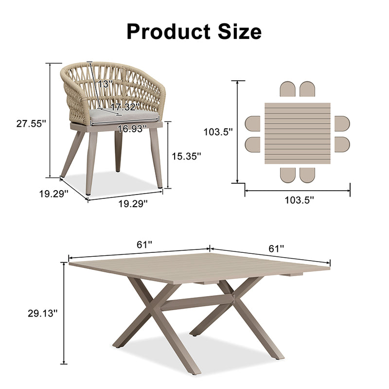 PURPLE LEAF Modern Outdoor Dining Table with 6/8/10 Seats, All-Weather Aluminum Table and Rattan Chairs with Cushions, Champagne
