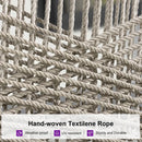 Close-up of hand-woven Textilene rope on PURPLE LEAF patio chair, weather-proof, UV-resistant, and sturdy for outdoor use.