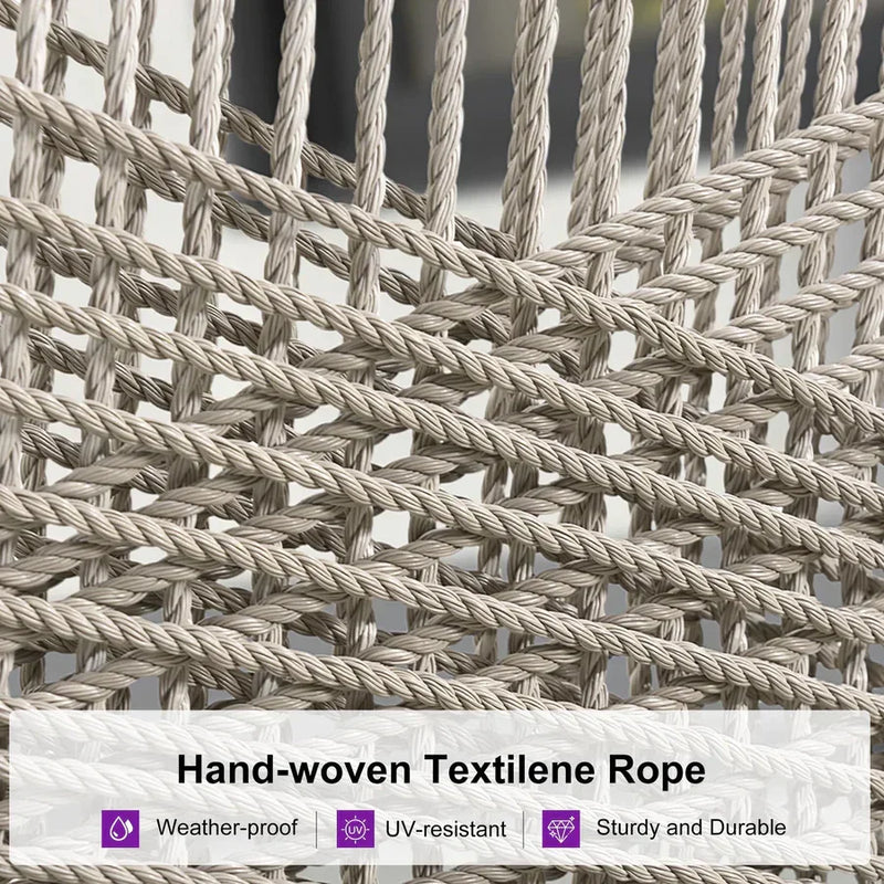 Close-up of hand-woven Textilene rope on PURPLE LEAF patio chair, weather-proof, UV-resistant, and sturdy for outdoor use.