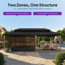 PURPLE LEAF Sunroom Hardtop Gazebo with Wood Grain Columns Black Frame Double Roof Galvanized Steel Solarium All-Weather Screen House with String Lights